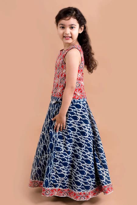 Jhambthreads_Multi Color Cotton Embroidery Fish Print Lehenga And Top Set _Online_at_Aza_Fashions