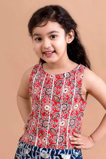 Buy_Jhambthreads_Multi Color Cotton Embroidery Fish Print Lehenga And Top Set _Online_at_Aza_Fashions