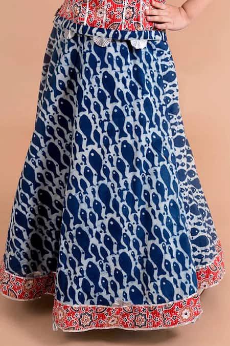 Shop_Jhambthreads_Multi Color Cotton Embroidery Fish Print Lehenga And Top Set _Online_at_Aza_Fashions