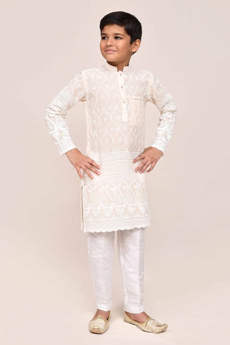 Buy_Jhambthreads_White Silk, Cotton Embroidery, Sequins Thread And Work Kurta Set _Online_at_Aza_Fashions