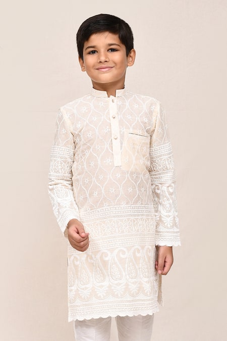 Shop_Jhambthreads_White Silk, Cotton Embroidery, Sequins Thread And Work Kurta Set _Online_at_Aza_Fashions