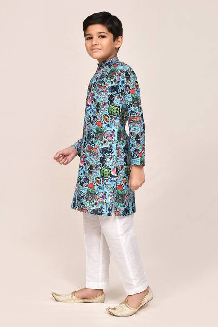 Buy_Jhambthreads_Blue Silk, Cotton, Linen Printed Kurta Set _Online_at_Aza_Fashions