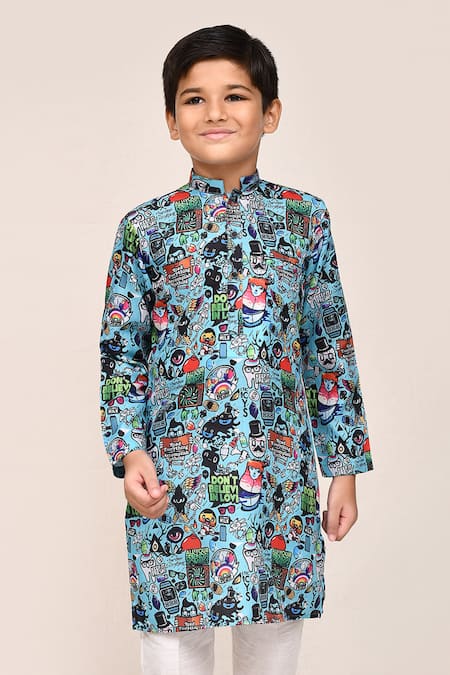 Shop_Jhambthreads_Blue Silk, Cotton, Linen Printed Kurta Set _Online_at_Aza_Fashions