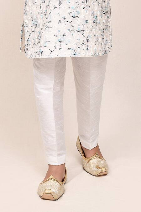 Jhambthreads_Off White Silk, Cotton Embroidery Thread Work Kurta And Pant Set _Online_at_Aza_Fashions