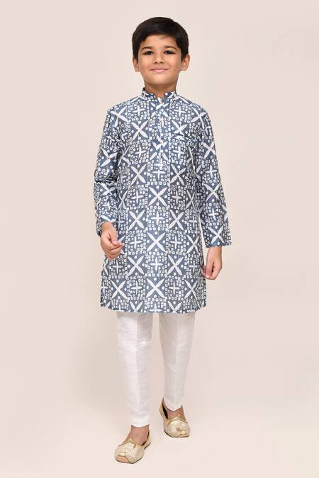 Buy_Jhambthreads_Blue Silk Geometric Print Kurta Set _Online_at_Aza_Fashions