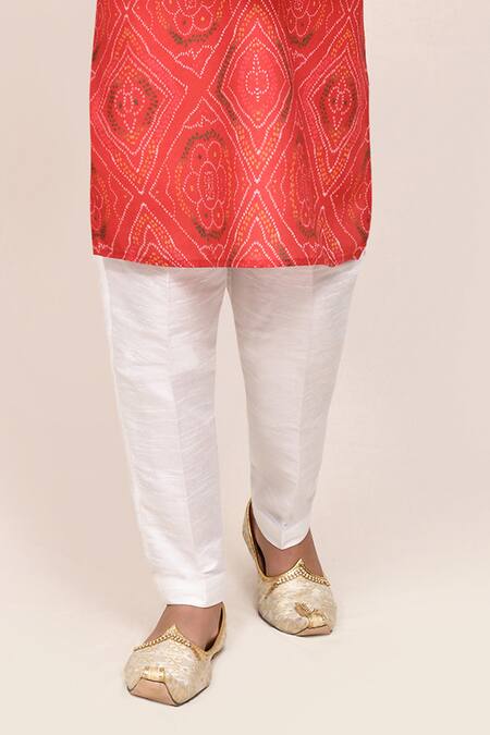 Jhambthreads_White Silk, Cotton Chundari Print Kurta And Pant Set _Online_at_Aza_Fashions