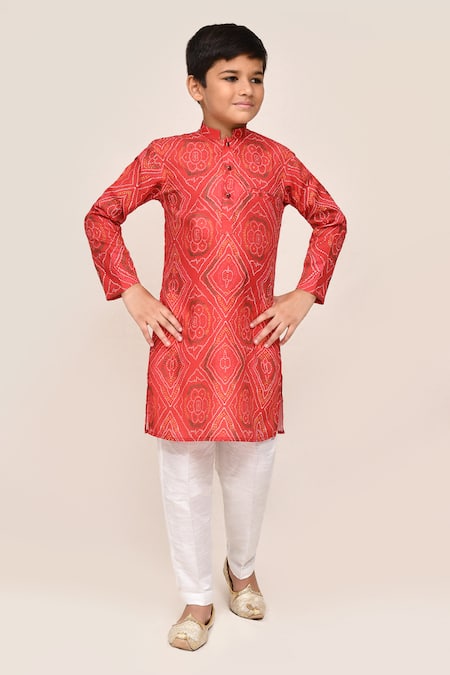 Shop_Jhambthreads_White Silk, Cotton Chundari Print Kurta And Pant Set _Online_at_Aza_Fashions