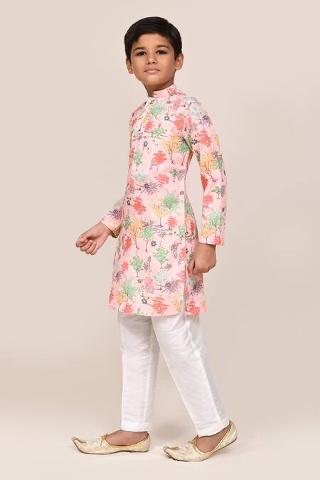 Jhambthreads_Peach Silk, Cotton Floral Print Kurta Set _Online_at_Aza_Fashions