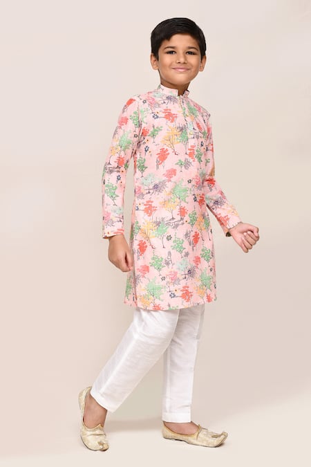 Shop_Jhambthreads_Peach Silk, Cotton Floral Print Kurta Set _Online_at_Aza_Fashions