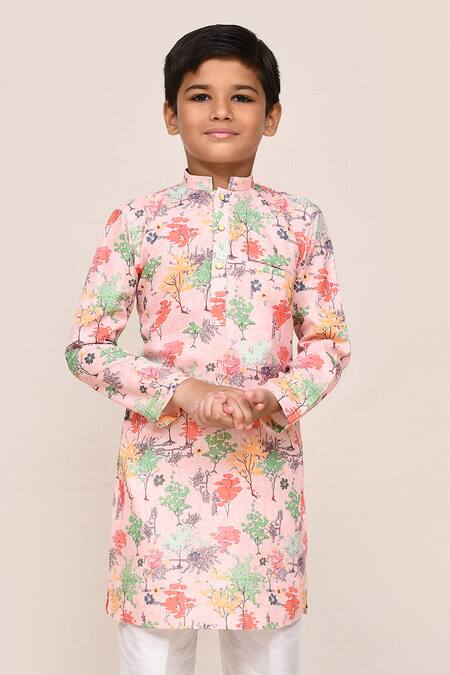 Jhambthreads Peach Silk, Cotton Floral Print Kurta Set at Aza Fashions Jhambthreads_Peach Silk, Cotton Floral Print Kurta Set _at_Aza_Fashions