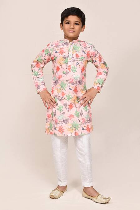 Buy_Jhambthreads_Peach Silk, Cotton Floral Print Kurta Set 