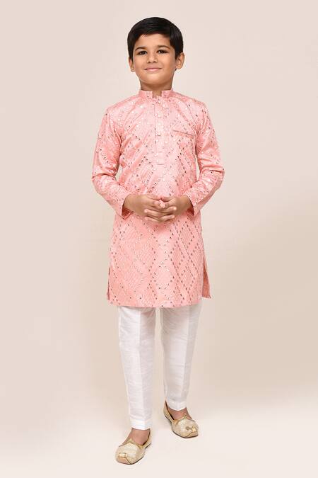 Buy_Jhambthreads_Pink Silk Mirrors Work Kurta And Pant Set _Online_at_Aza_Fashions
