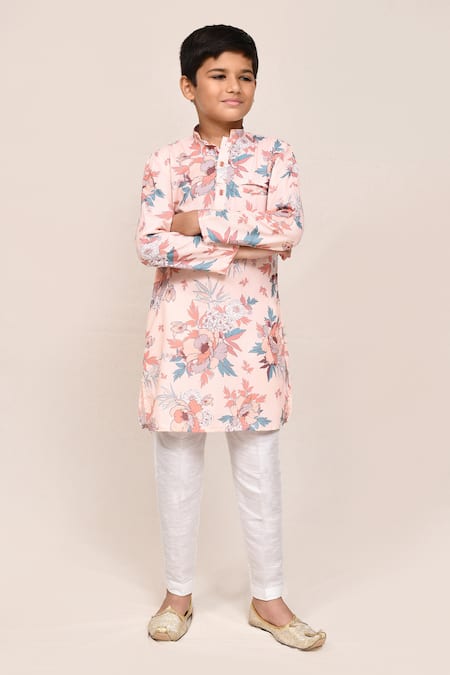 Buy_Jhambthreads_Peach Silk, Cotton Printed Kurta And Pant Set _Online_at_Aza_Fashions
