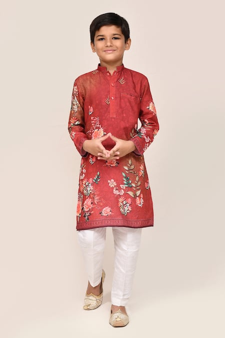 Shop_Jhambthreads_Red Silk, Cotton Floral Print Kurta Set _Online_at_Aza_Fashions