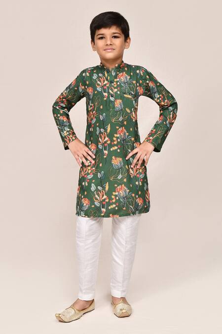 Buy_Jhambthreads_Green Silk, Cotton Floral Print Kurta Set _Online_at_Aza_Fashions