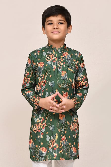 Shop Jhambthreads Green Silk, Cotton Floral Print Kurta Set Online at Aza Fashions Shop_Jhambthreads_Green Silk, Cotton Floral Print Kurta Set _Online_at_Aza_Fashions