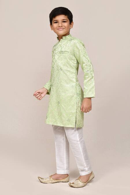 Shop_Jhambthreads_Green Silk, Cotton Embroidery Thread Work Kurta And Pant Set _Online_at_Aza_Fashions