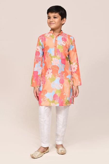 Buy_Jhambthreads_Multi Color Silk, Cotton, Linen Floral Print Kurta Set _Online_at_Aza_Fashions