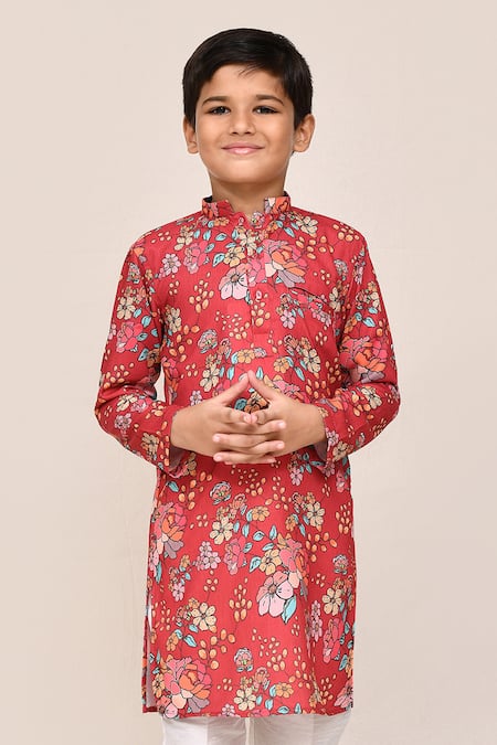 Shop_Jhambthreads_Red Silk, Cotton Printed Kurta Set _Online_at_Aza_Fashions