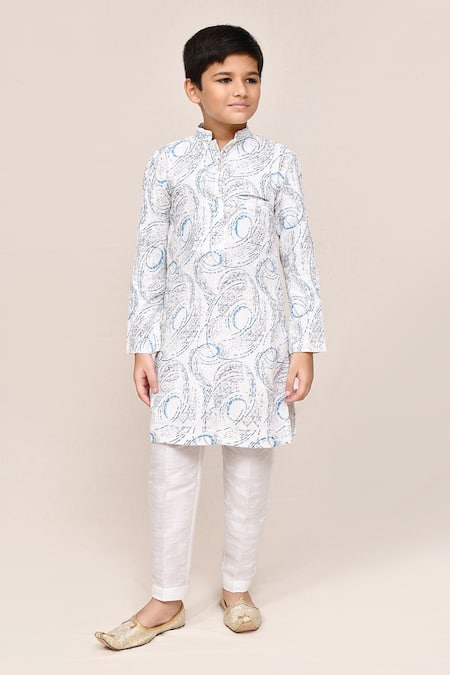 Jhambthreads_White Silk, Cotton Embroidery Kurta And Pant Set _Online_at_Aza_Fashions