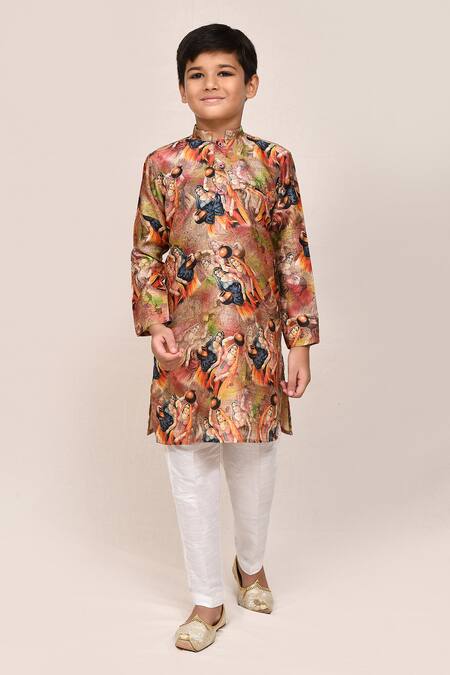 Jhambthreads_Beige Silk Printed Kurta And Pant Set _Online_at_Aza_Fashions