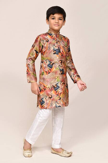 Buy_Jhambthreads_Beige Silk Printed Kurta And Pant Set _Online_at_Aza_Fashions