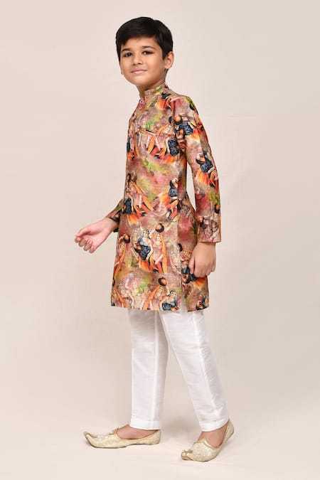 Jhambthreads_Beige Silk Printed Kurta And Pant Set _at_Aza_Fashions