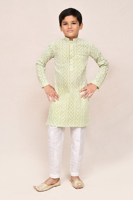 Jhambthreads_Green Silk, Cotton Embroidery Kurta And Pant Set _Online_at_Aza_Fashions