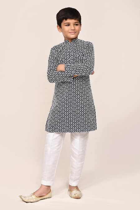 Jhambthreads_Blue Silk, Cotton Geometric Print Kurta Set _Online_at_Aza_Fashions