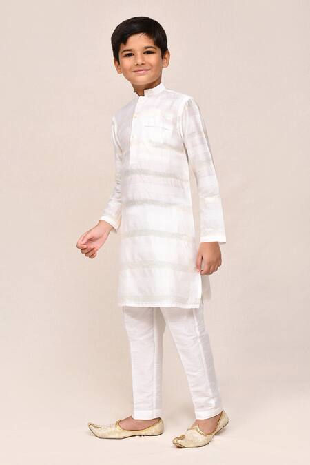 Jhambthreads_White Silk, Jacquard Metallic Stripe Woven Kurta Set _Online_at_Aza_Fashions