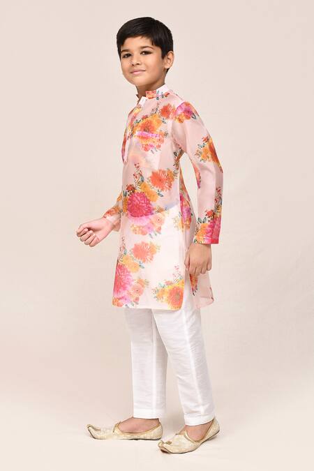 Jhambthreads_Peach Silk, Georgette Floral Print Kurta Set _Online_at_Aza_Fashions