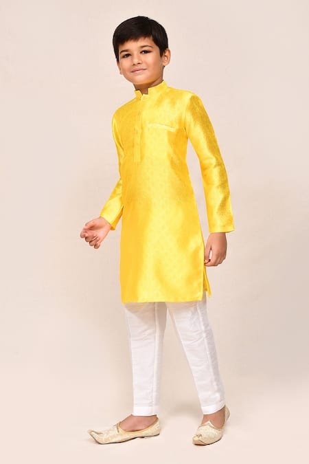 Jhambthreads_Yellow Silk, Cotton Geometric Pattern Kurta And Pant Set _Online_at_Aza_Fashions