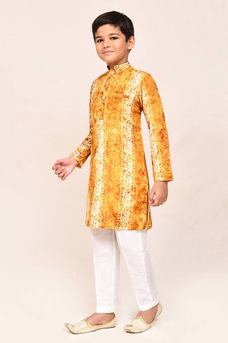 Buy_Jhambthreads_Yellow Silk Printed Kurta And Pant Set _Online_at_Aza_Fashions