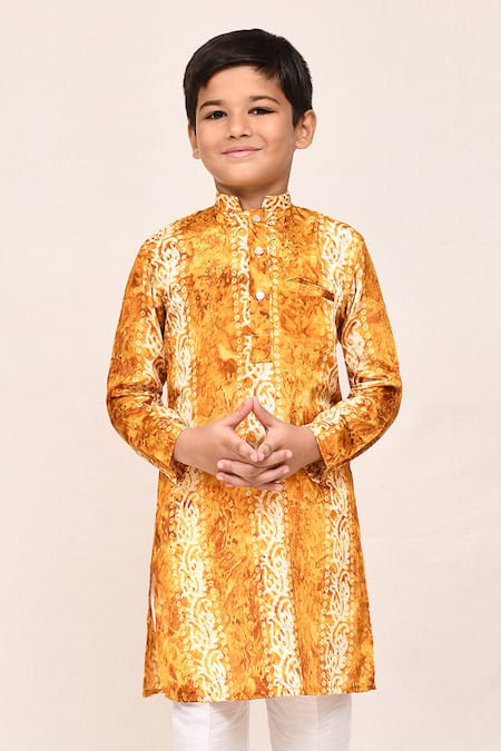 Shop_Jhambthreads_Yellow Silk Printed Kurta And Pant Set _Online_at_Aza_Fashions