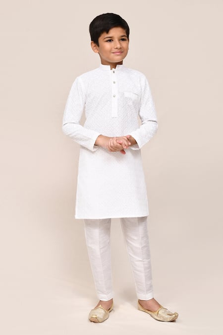 Jhambthreads_White Silk, Linen Embroidery Kurta And Pant Set _Online_at_Aza_Fashions