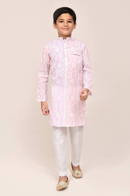 Jhambthreads_Pink Silk, Cotton Embroidery Floral Kurta Set _Online_at_Aza_Fashions