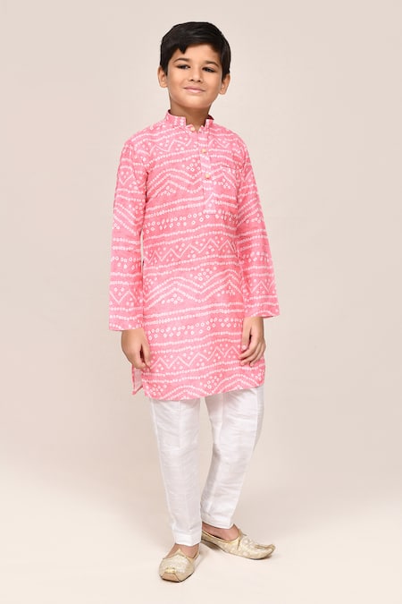 Buy_Jhambthreads_Pink Silk, Cotton Bandhej Print Kurta And Pant Set _Online_at_Aza_Fashions