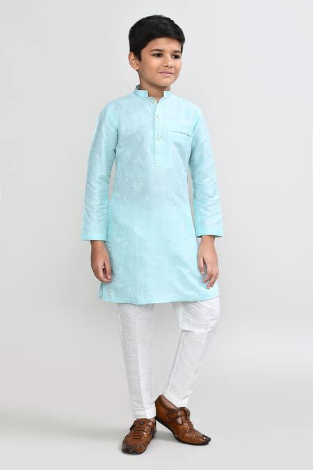 Shop_Jhambthreads_Blue Silk, Cotton Printed Kurta And Pant Set _Online_at_Aza_Fashions