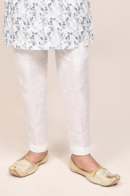 Jhambthreads_White Silk, Cotton Floral Print Kurta Set _Online_at_Aza_Fashions