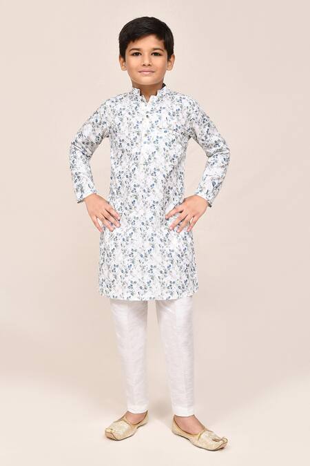 Buy_Jhambthreads_White Silk, Cotton Floral Print Kurta Set _Online_at_Aza_Fashions