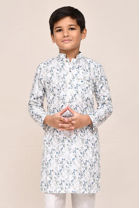 Shop_Jhambthreads_White Silk, Cotton Floral Print Kurta Set _Online_at_Aza_Fashions