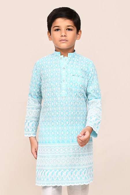 Shop Jhambthreads Sky Blue Silk, Cotton Embroidery Thread Kurta And Pant Set Online at Aza Fashions Shop_Jhambthreads_Sky Blue Silk, Cotton Embroidery Thread Kurta And Pant Set _Online_at_Aza_Fashions