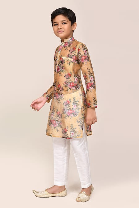Buy_Jhambthreads_Yellow Silk, Georgette Floral Print Kurta Set _Online_at_Aza_Fashions