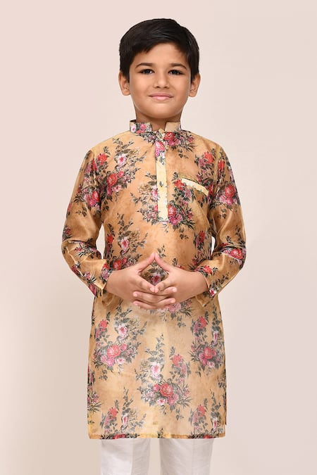 Shop Jhambthreads Yellow Silk, Georgette Floral Print Kurta Set Online at Aza Fashions Shop_Jhambthreads_Yellow Silk, Georgette Floral Print Kurta Set _Online_at_Aza_Fashions