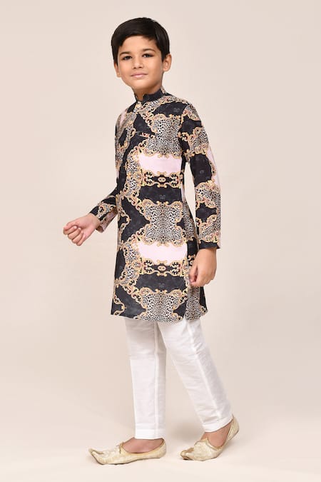 Buy_Jhambthreads_Black Silk, Cotton Ornament Print Kurta Set _Online_at_Aza_Fashions