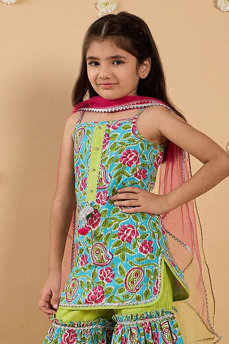 Jhambthreads_Multi Color Cotton, Net, Lurex Embroidery Printed Kurta Set _Online_at_Aza_Fashions