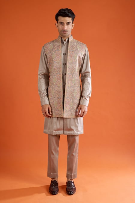 Shop_Qbik_Multi Color Embroidery Thread Bundi And Kurta Set _Online_at_Aza_Fashions