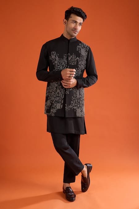 Qbik Geometric Embroidered Bundi & Kurta Set 