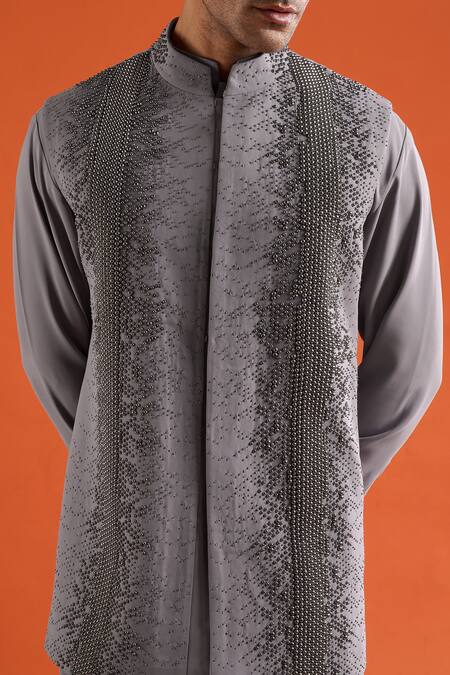 Qbik Grey Beads Work Bundi And Kurta Set at Aza Fashions Qbik_Grey Beads Work Bundi And Kurta Set _at_Aza_Fashions