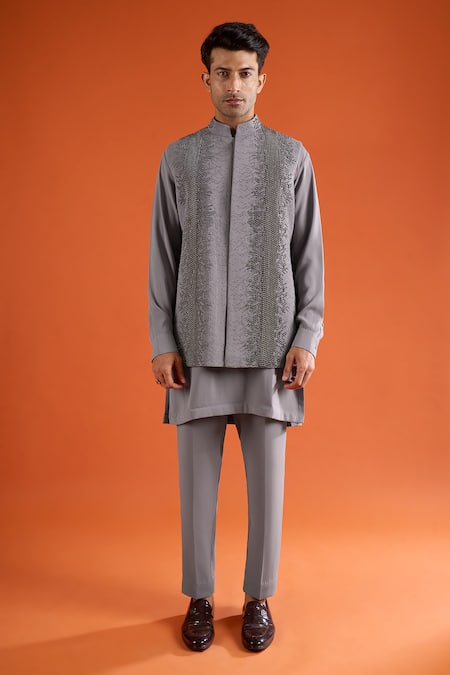 Buy Qbik Grey Beads Work Bundi And Kurta Set Buy_Qbik_Grey Beads Work Bundi And Kurta Set